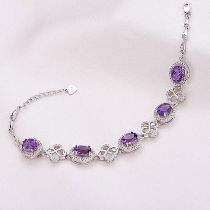 White Gold Flower Shape Olive Amethyst Stones Bracelet