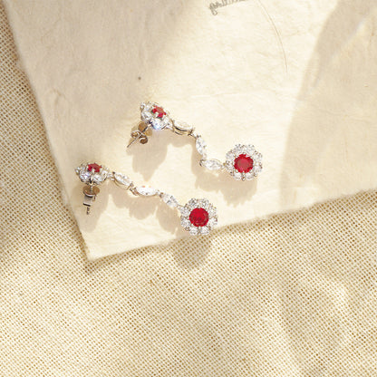 White Gold Ruby Gem Flower Shape Drop Earrings