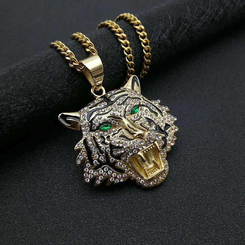 Hip-hop Jewelry Titanium Steel Gold-plated Inlaid Synthetic Cubic Zirconia Tiger Head Pendant