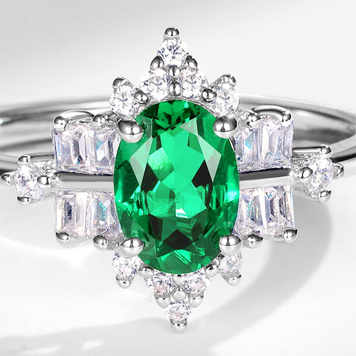 White Gold S925 Silver Olive Cut Emerald Ring