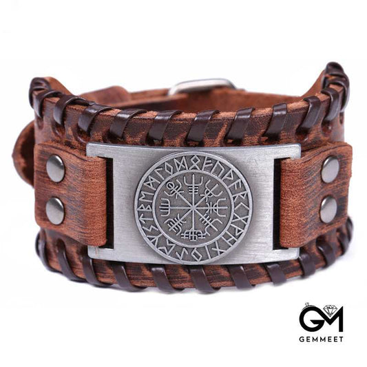 Wide Leather Odin Compass Bracelet