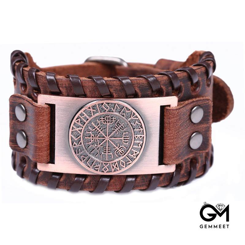 Wide Leather Odin Compass Bracelet