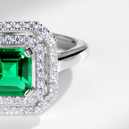 White Gold S925 Square Cut Emerald Halo Signet Ring