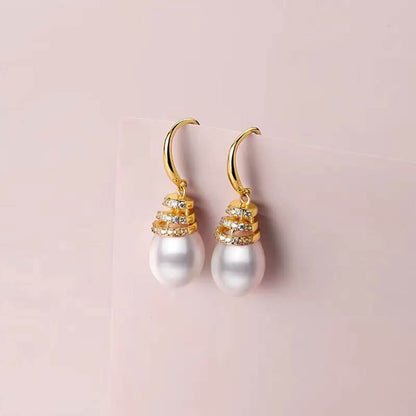 Golden Full Stones Organic Oval Pearl Dangle Earrings