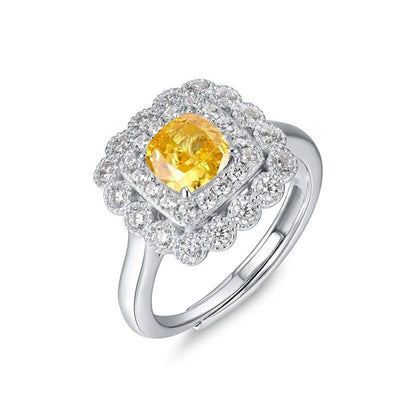 White Gold Cushion Shape Layered Stones Yellow Gem Halo Ring