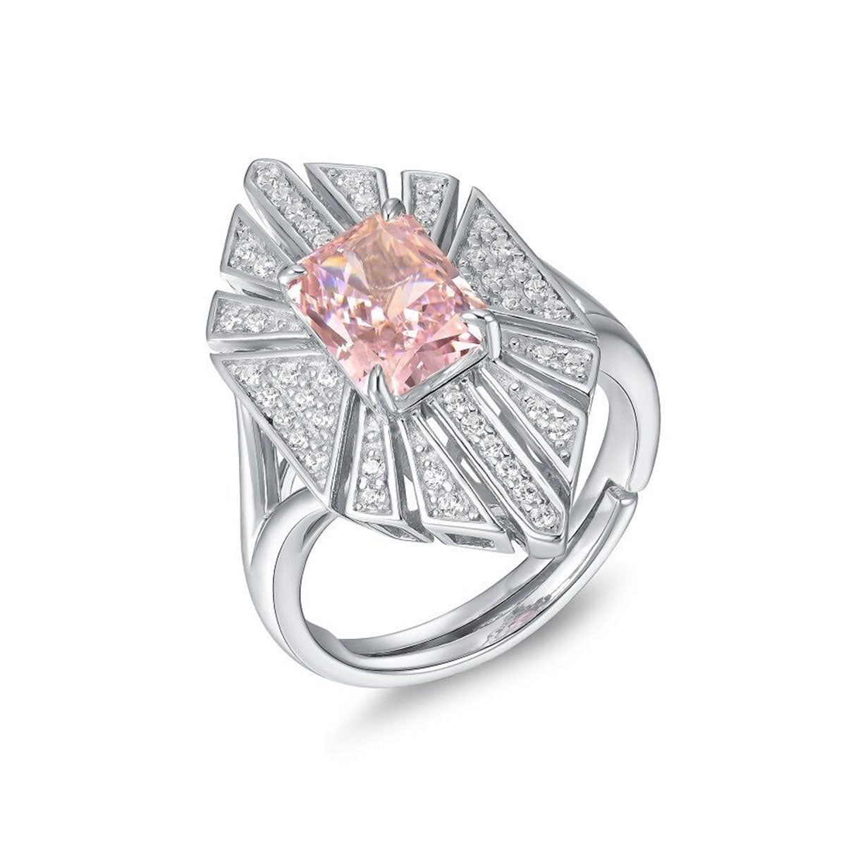 White Gold Shield Shape Pink Gem Radial Halo Ring