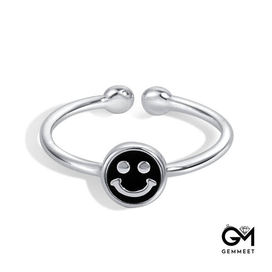 S925 Sterling Silver Black Dripping Smiley Ring