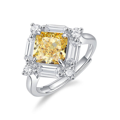 White Gold S925 Silver Square Cut Yellow Gem Signet Ring