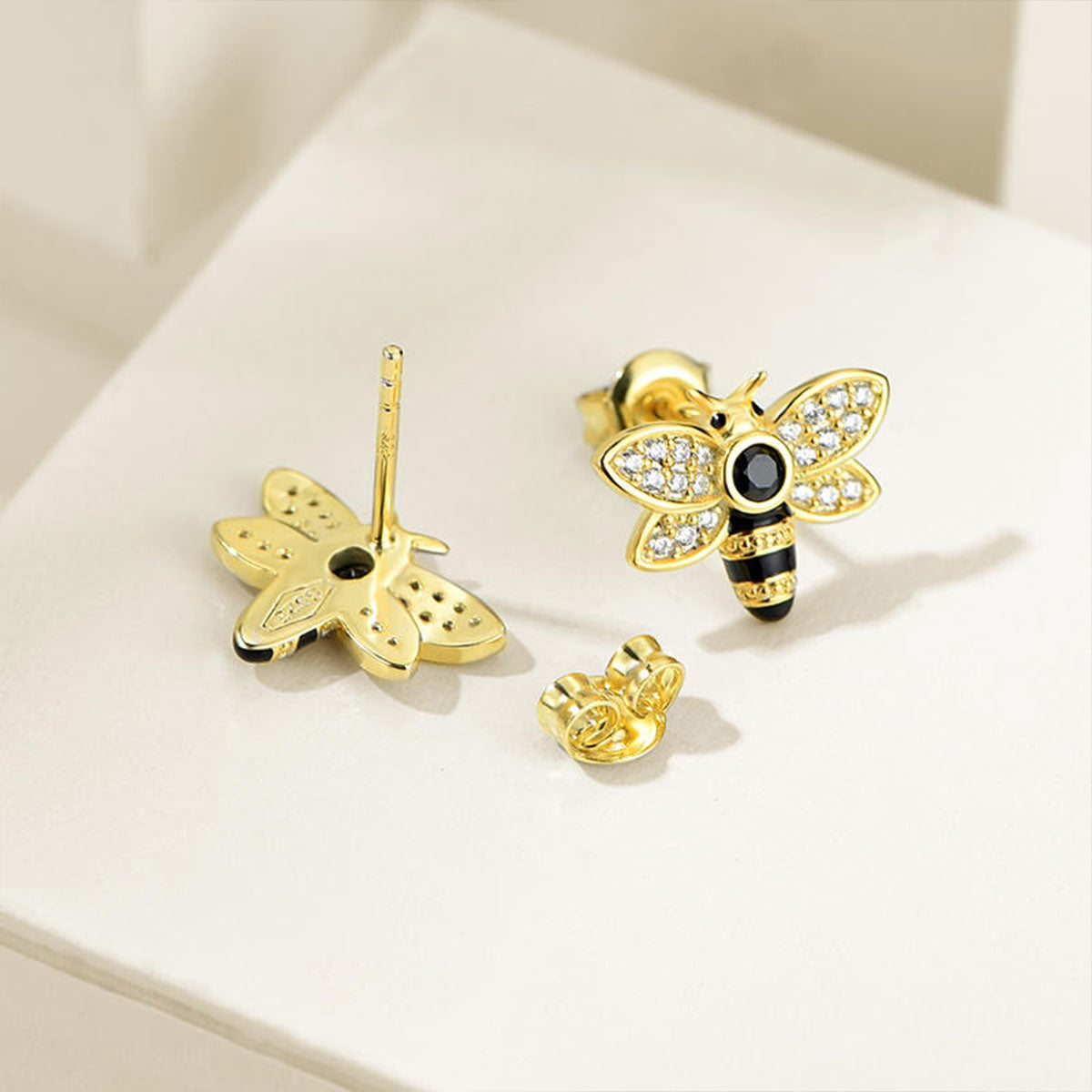 Gold Cute Bee Shape Full Stones Snap Stud Earrings