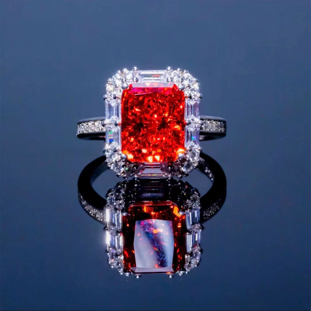 White Gold Rectangle Ruby Adjustable Halo Ring