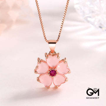 Pink Crystal Love Heart Flower Soothing Necklace Pendant