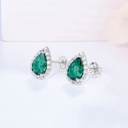 White Gold Pear Shape Full Stones Stud Earrings With Emerald Gem