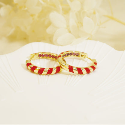 Red Stripe Round Gold Hoop Earrings for Women