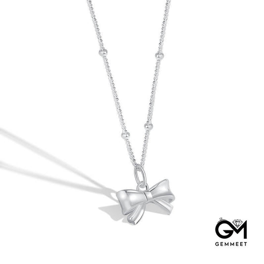 S925 Sterling Silver Bead Chain Bow Necklace