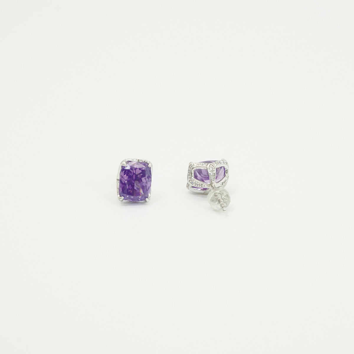 White Gold Plating Square Amethyst Prong Setting Stud Earrings