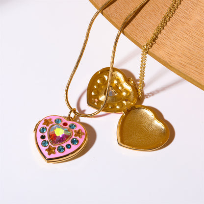 Cute Pink Heart Shape Star Totem Pendant Necklace