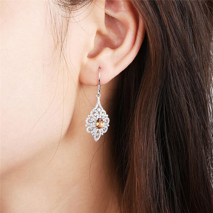 White Gold Hollow Retro Orange Gem Dangle Earrings