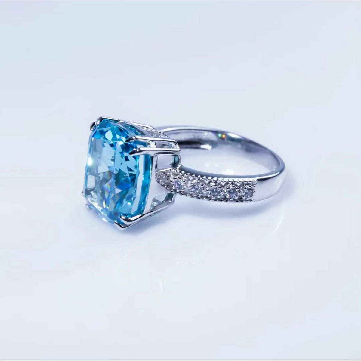 White Gold Egg Shape Blue Gem Full Stone Ring