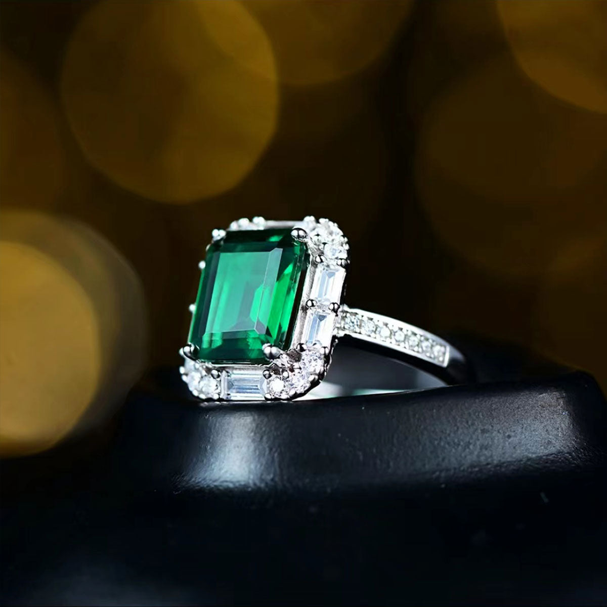 White Gold Rectangle Emerald Adjustable Halo Ring