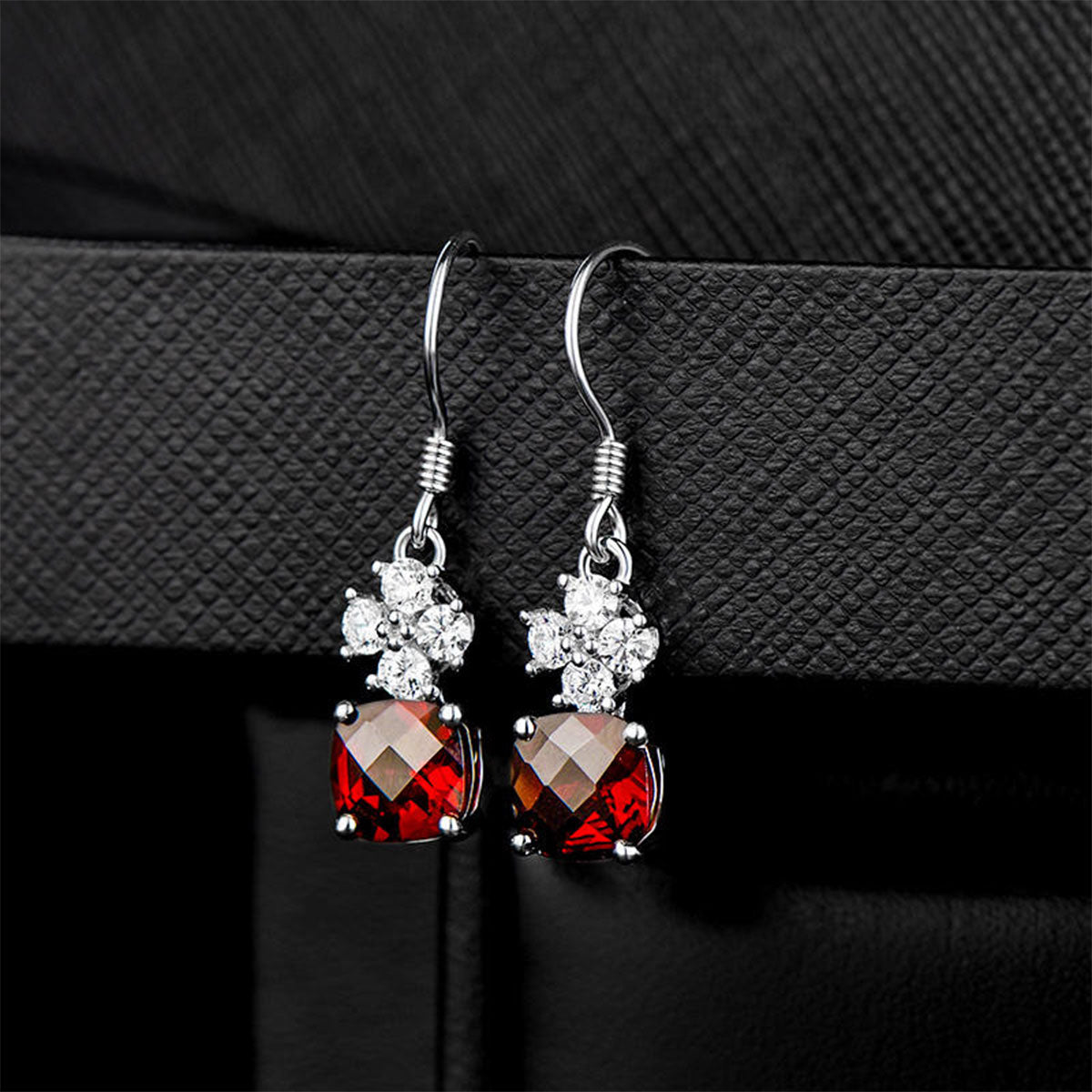 White Gold Square Ruby Garnet Dangle Earrings