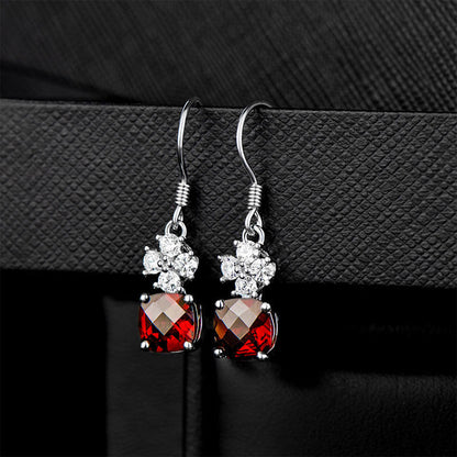 White Gold Square Ruby Garnet Dangle Earrings