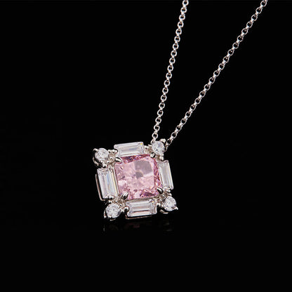 White Gold Square Cut Pink Gem Halo Pendant Chain