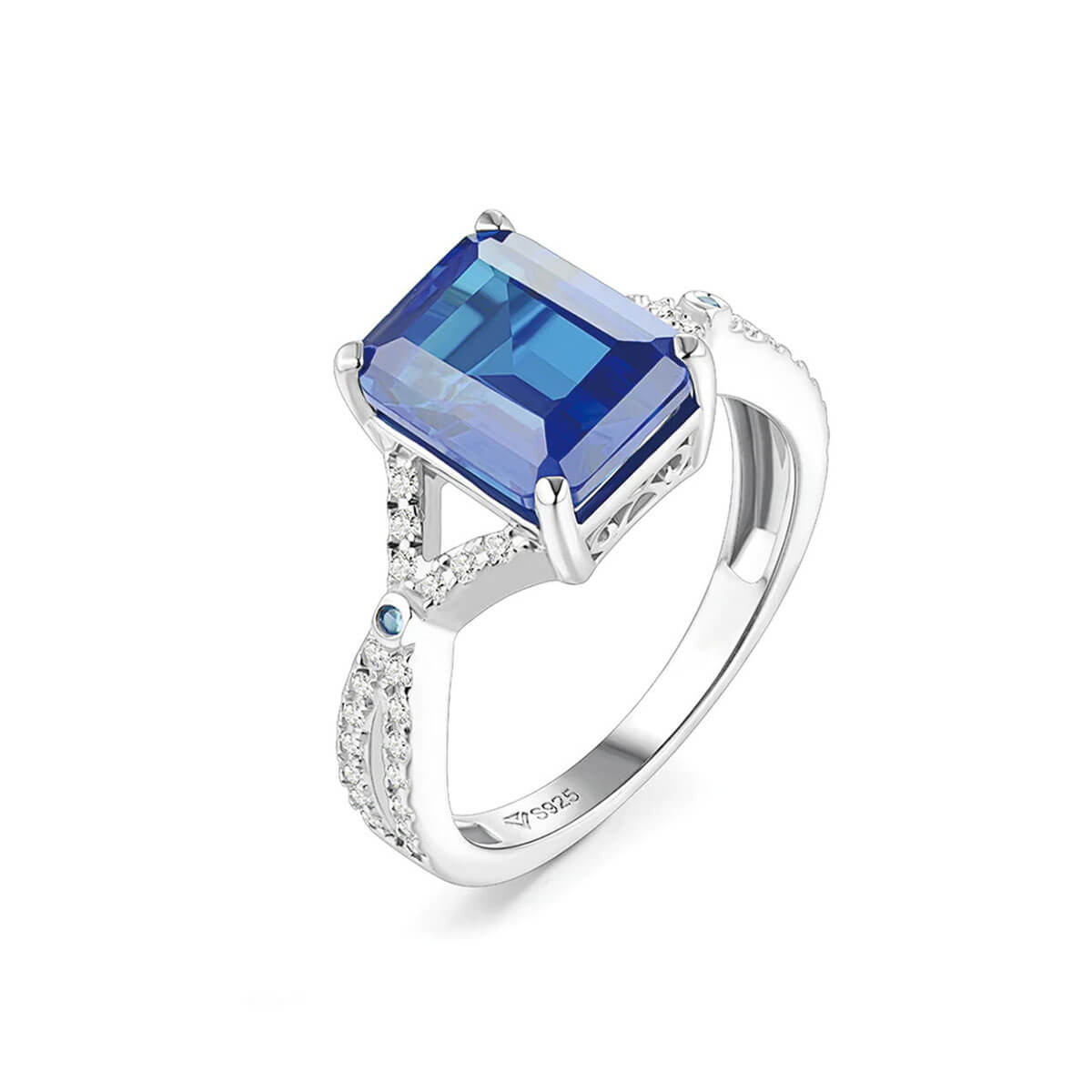 White Gold Emerald Cut Square Blue Sapphire Ring with Channel Setting Full Stones