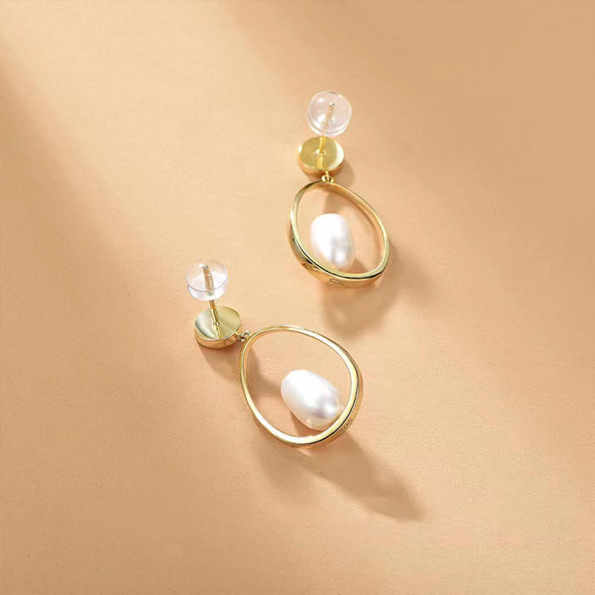 Golden Hollow Deasign Organic Pearl Drop Earrings