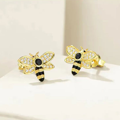 Gold Cute Bee Shape Full Stones Snap Stud Earrings