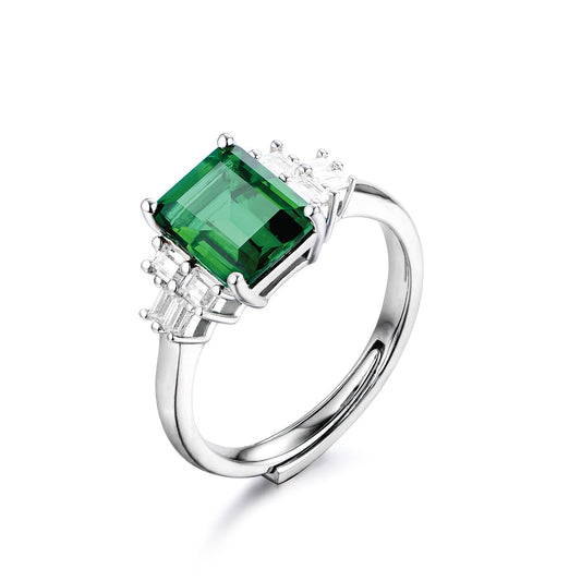 White Gold Square Emerald Gem Signet Ring with Prong Setting Stones