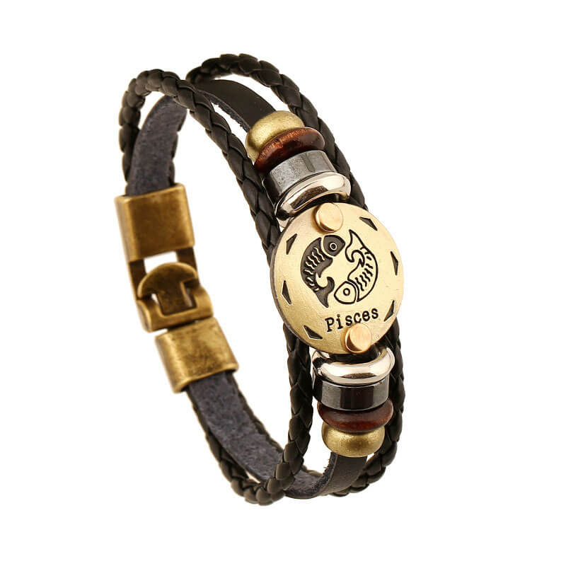 Zodiac Cowhide Simple Multi-layer Retro Braided Couple Leather Bracelet