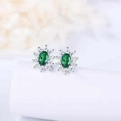 White Gold Sun Flower Full Stones Stud Earrings with Oval Brilliant Cut Emerald Gem