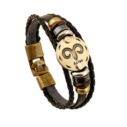 Zodiac Cowhide Simple Multi-layer Retro Braided Couple Leather Bracelet