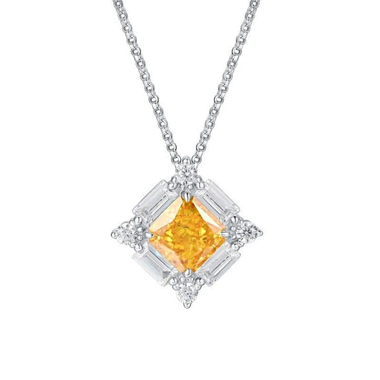 White Gold Square Cut Yellow Gem Halo Pendant Chain