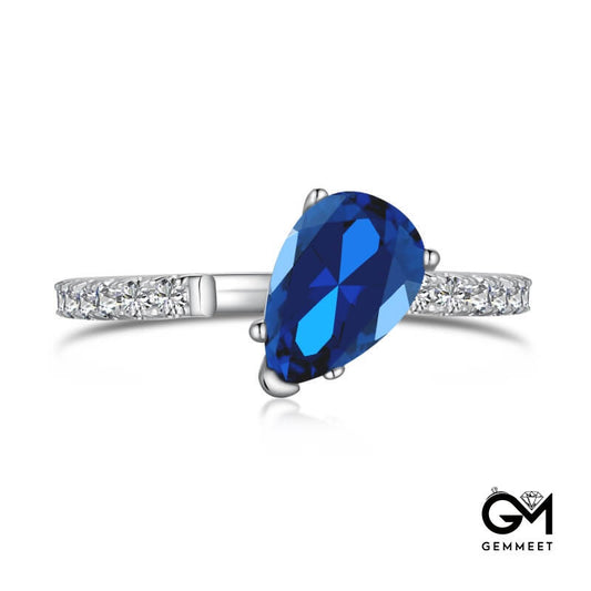 S925 Sterling Silver Blue Zircon Pear Shape Opening Ring