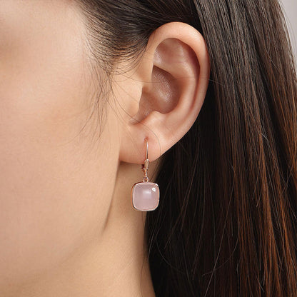 Rose Gold Square Pink Gem Dangle Earrings