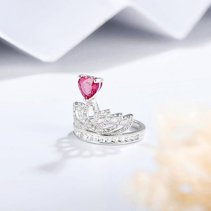 White Gold Heart Ruby Crown Ring with Channel Setting Full Stones