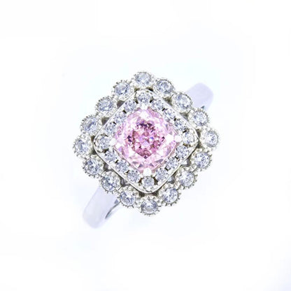 White Gold Cushion Shape Layered Stones Pink Gem Halo Ring