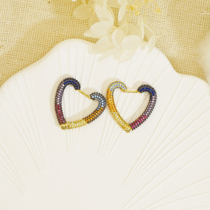 Full Colored Stones Heart Shape Gold Hoop Earrings