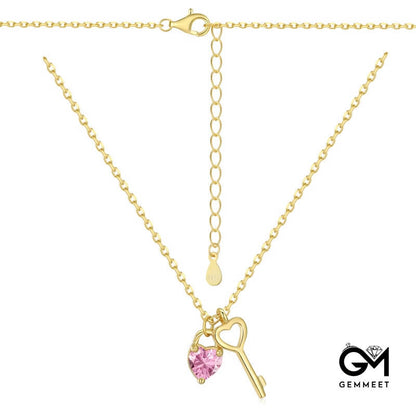 S925 Sterling Silver Pink Heart Zirconia Hollow Key Necklace