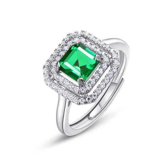 White Gold S925 Square Cut Emerald Halo Signet Ring