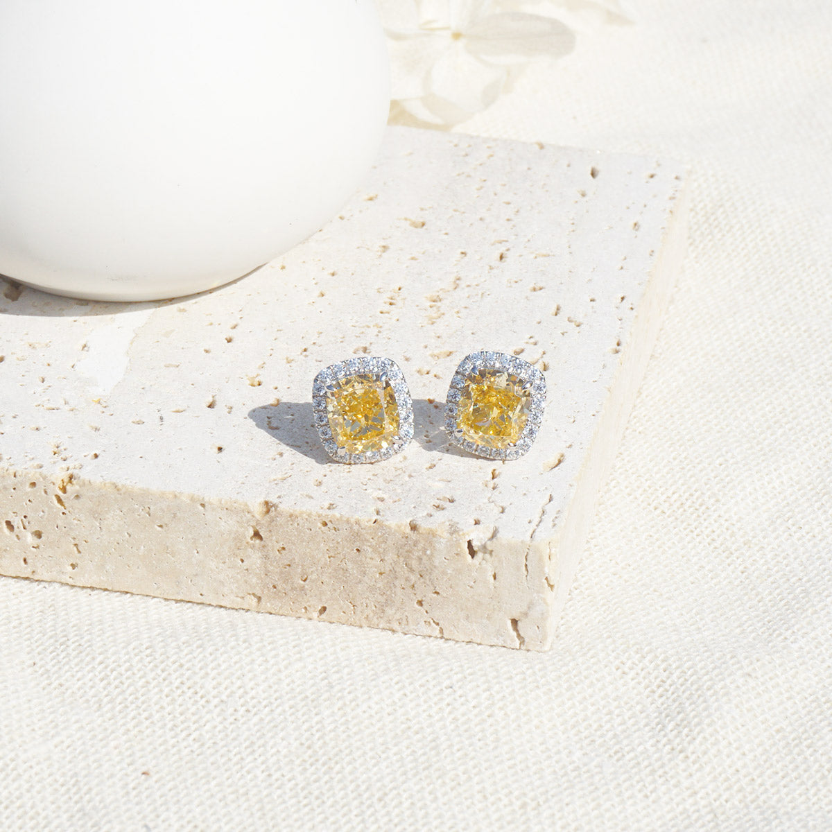 White Gold Plating Square Yellow Sapphire Full Stones Stud Earrings