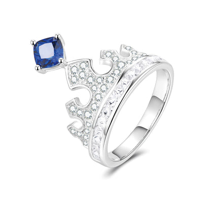 White Gold Square Blue Sapphire Crown Ring with Full Stones