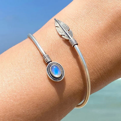 "New Life" - Feather Moonstone Bangle Bracelet