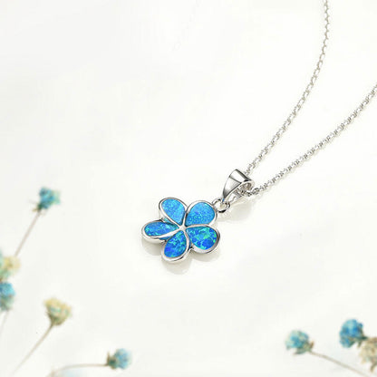 White Gold Flower Shape Blue Opal Pendants Chains