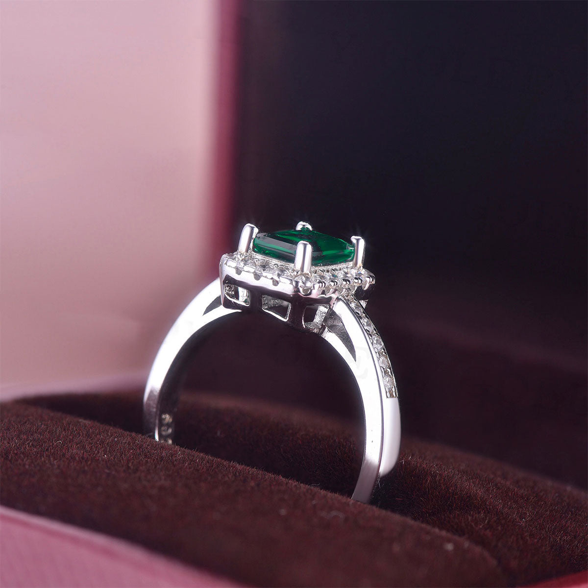 White Gold S925 Square Cut Emerald Halo Ring