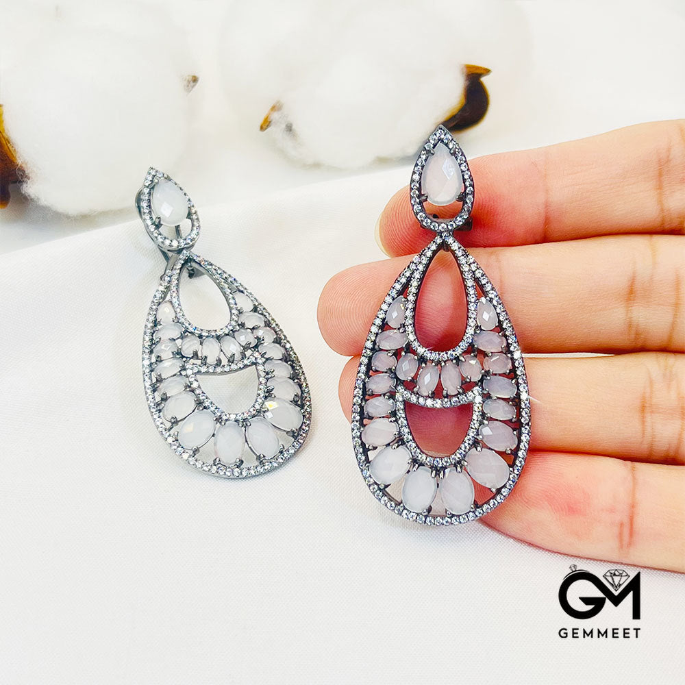 Pear-Shaped Center Hollow White Stone Pendant Earrings