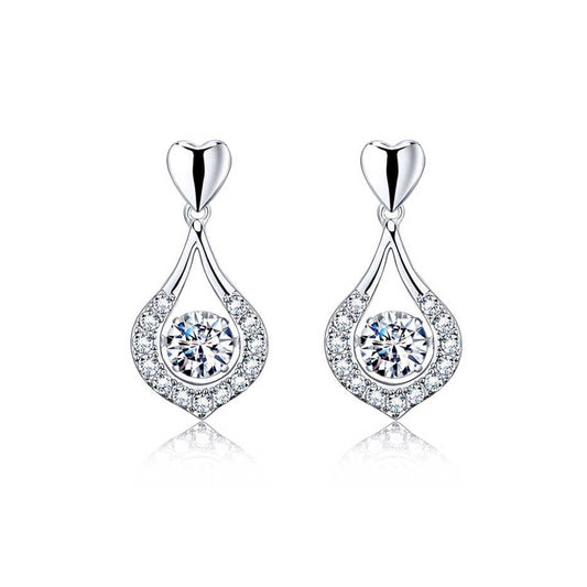 White Gold Drip Shape Full Stones Beating Heart Drop Earrings