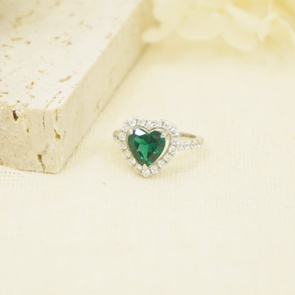 White Gold Heart Emerald Full Stones Signet Ring