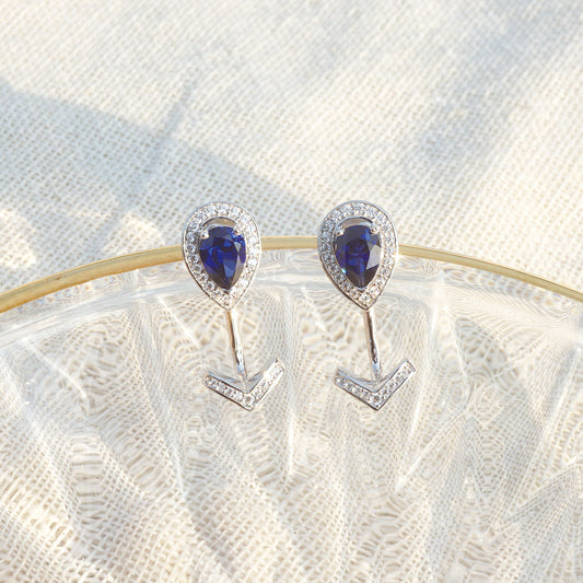 White Gold Pear Blue Sapphire Arrow Shape Drop Earrings